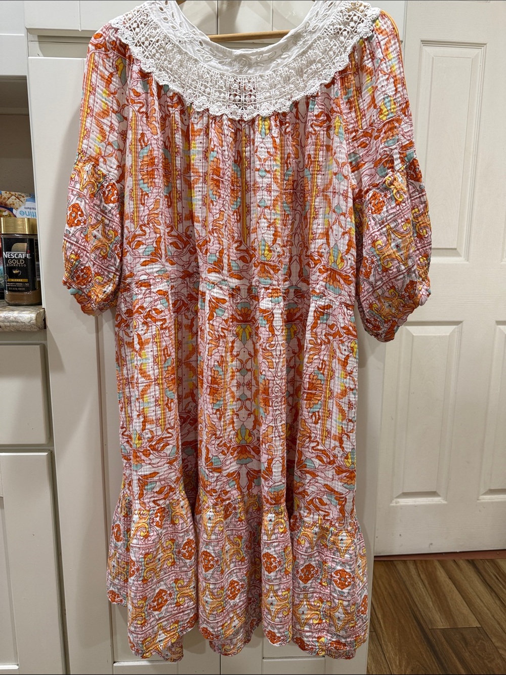 Anthropologie! Boho Crochet-Yoke Cotton Midi Dress in Orange Print